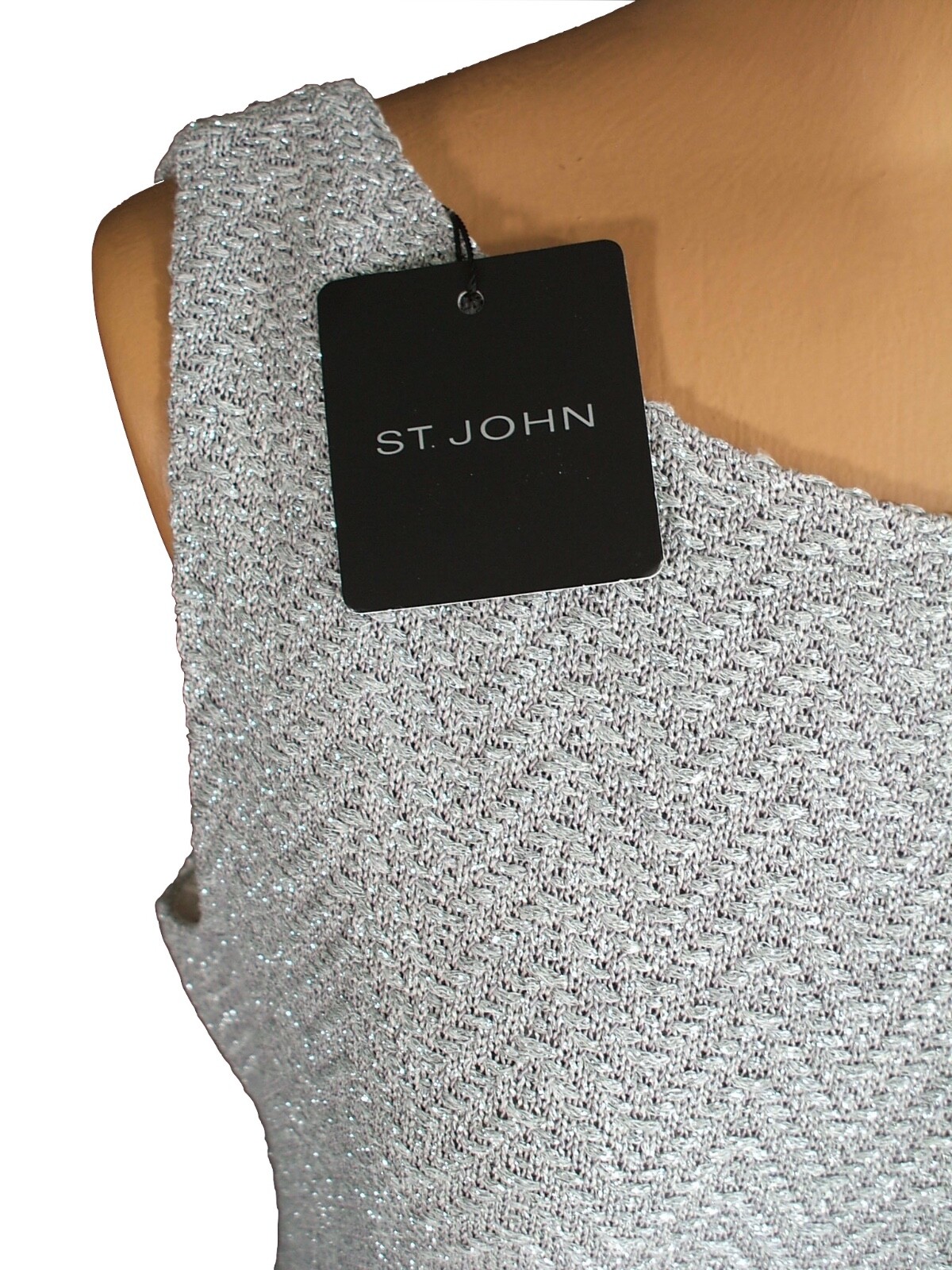 NWT ST. JOHN Silver Sparkle Chevron Knit Tweed Sheath Tank Dress sz 14 $1495