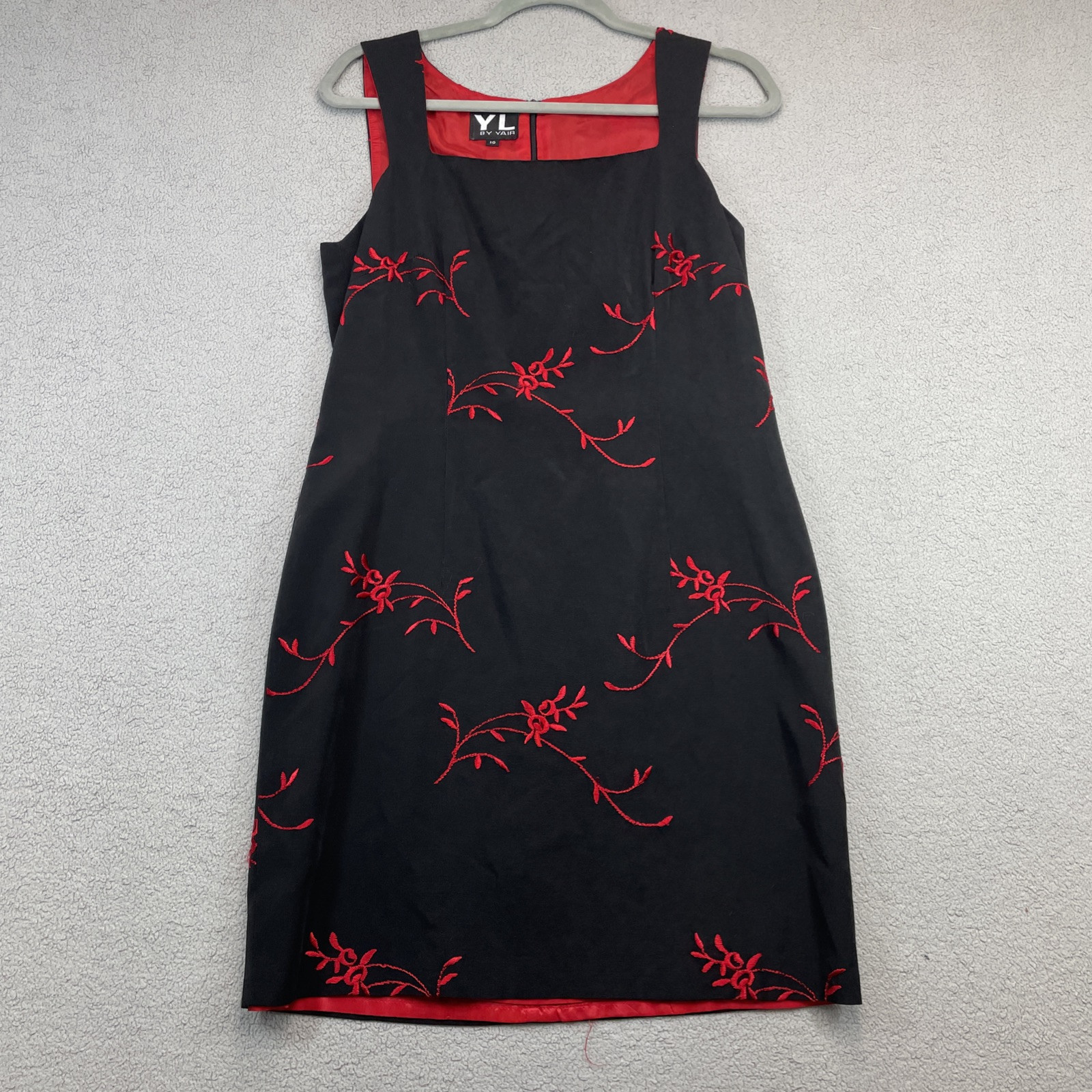 YL by Yair Womens Sleeveless Black Red Floral Embroidered Dress Zipper 10 Lined