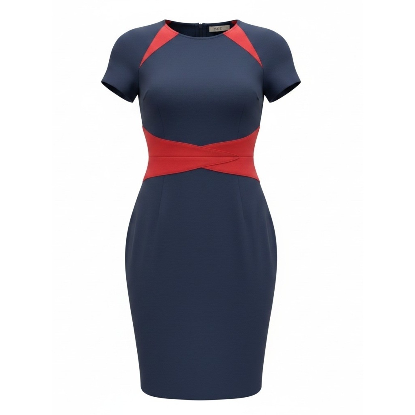 NUE by SHANI | Navy Blue Red Colorblock Sheath Dress Shaping Ponte Knit | 12