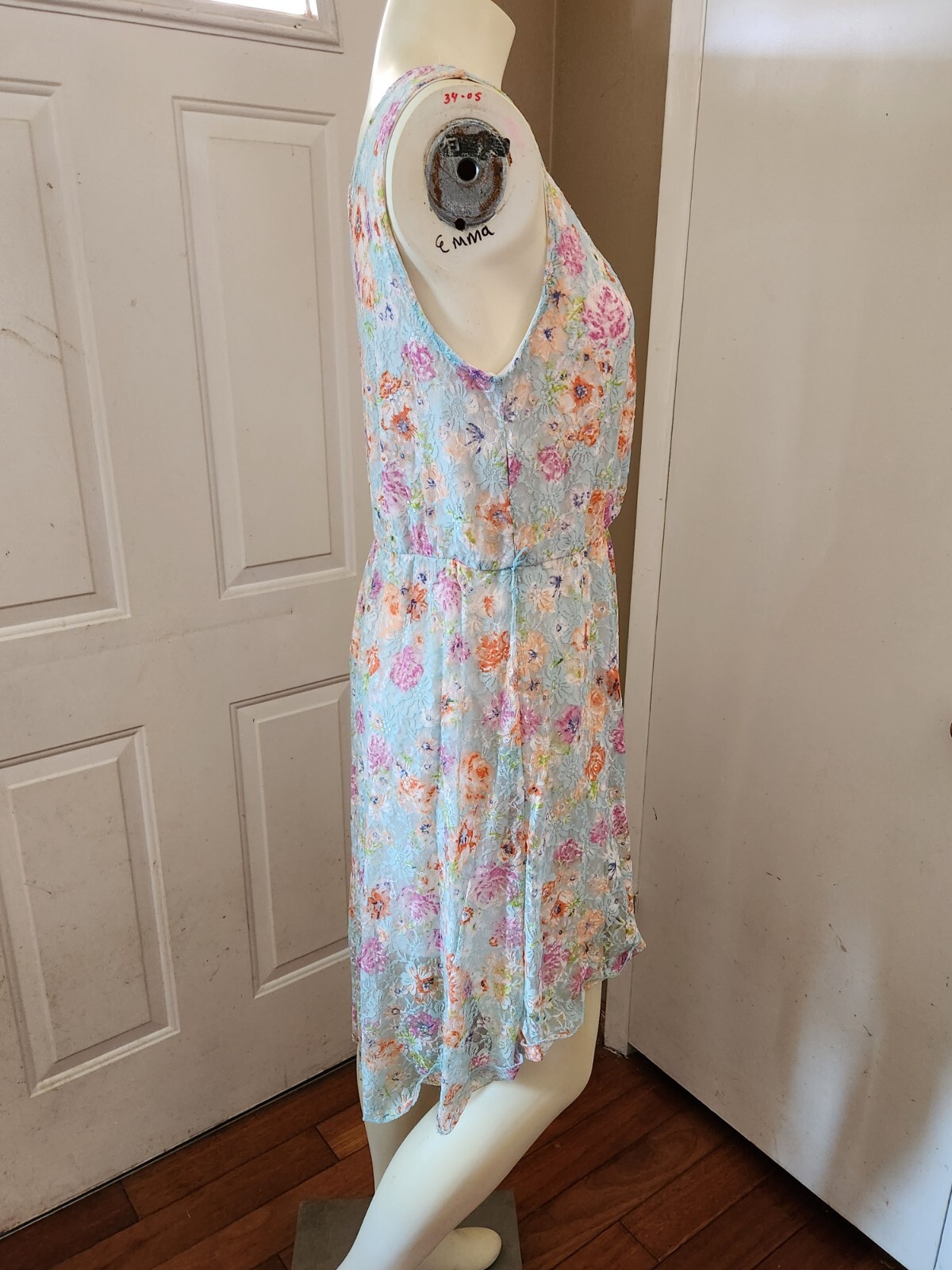 No Boundaries Midi Tunic Dress Lined Blue Lace Floral Print Slip-On Sz L (11-13)