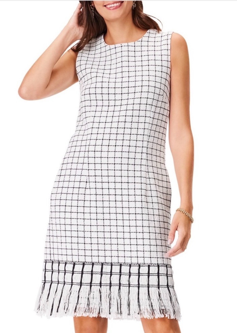 NIC + ZOE fringe hem shift cream black check sleeveless dress size L