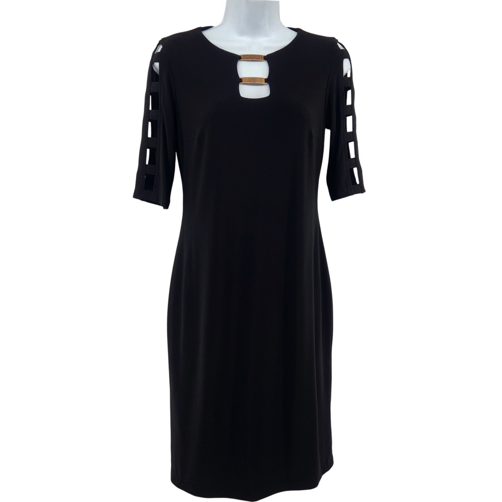Joseph Ribkoff Black Sheath Dress Size 4 Cutout Neck Gold Detail 3/4 sleeve