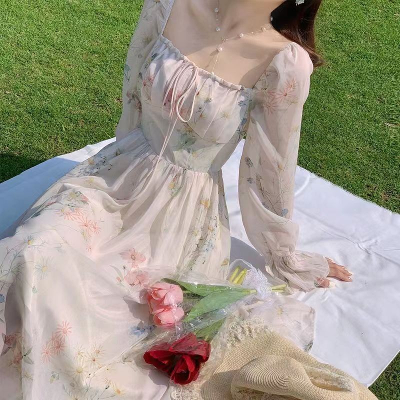 Womens Elegant Square Neck Long Sleeves Slim Fashion Floral Print Chiffon Dress