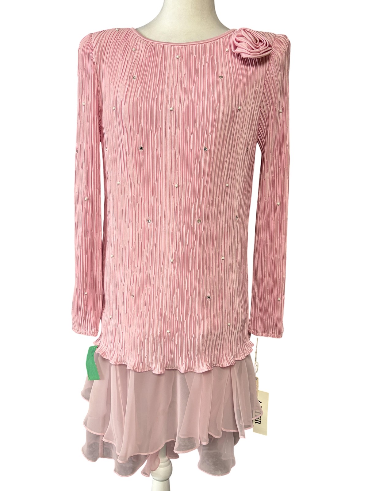 Vintage After Dark Dress Womens 10 Pink Pleated Beaded Chiffon Tiered Party 80s