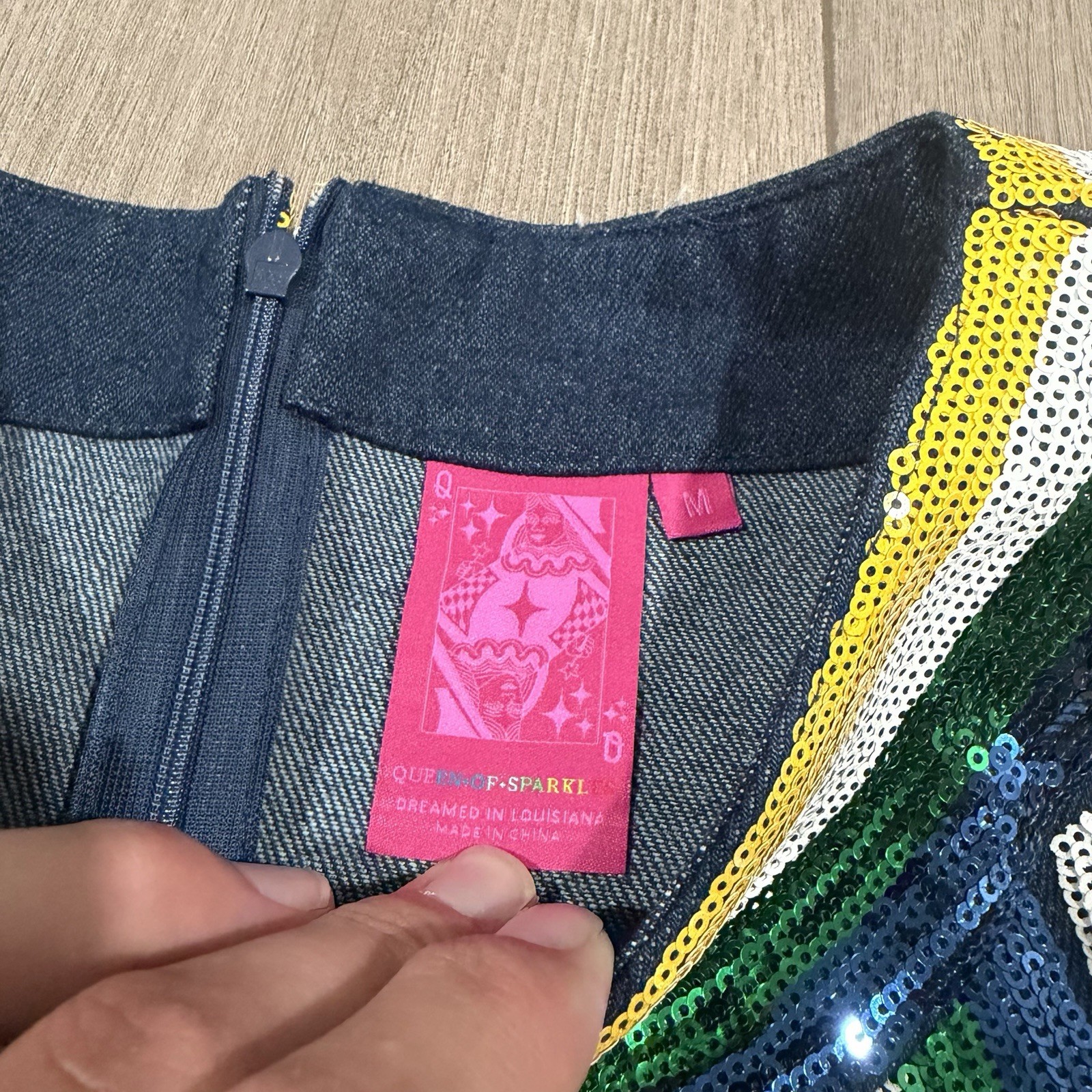 Queen Of Sparkles Rainbow Sequin Trim Denim Cut Out Dress Med Retro Skating
