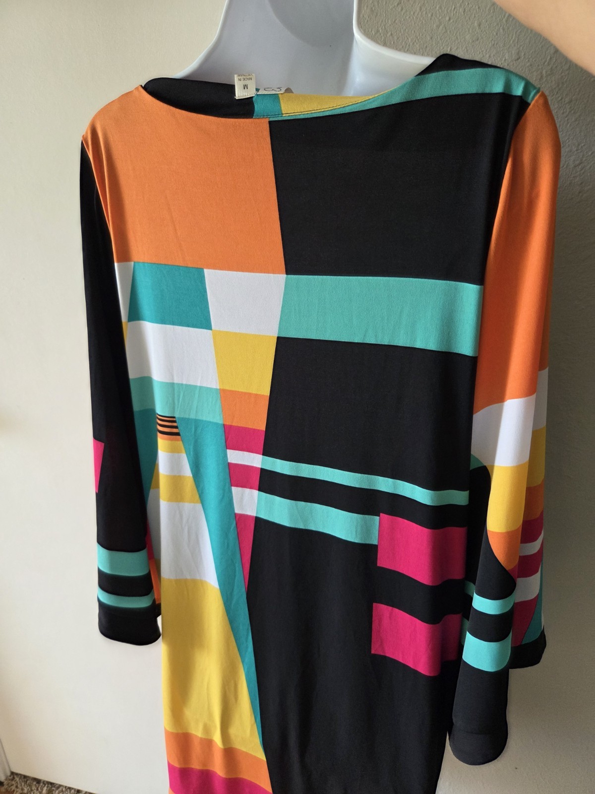 Y2K Emma & Michele Multicolor Geometric Jersey Shift Dress | M | Boat Neck 3/4