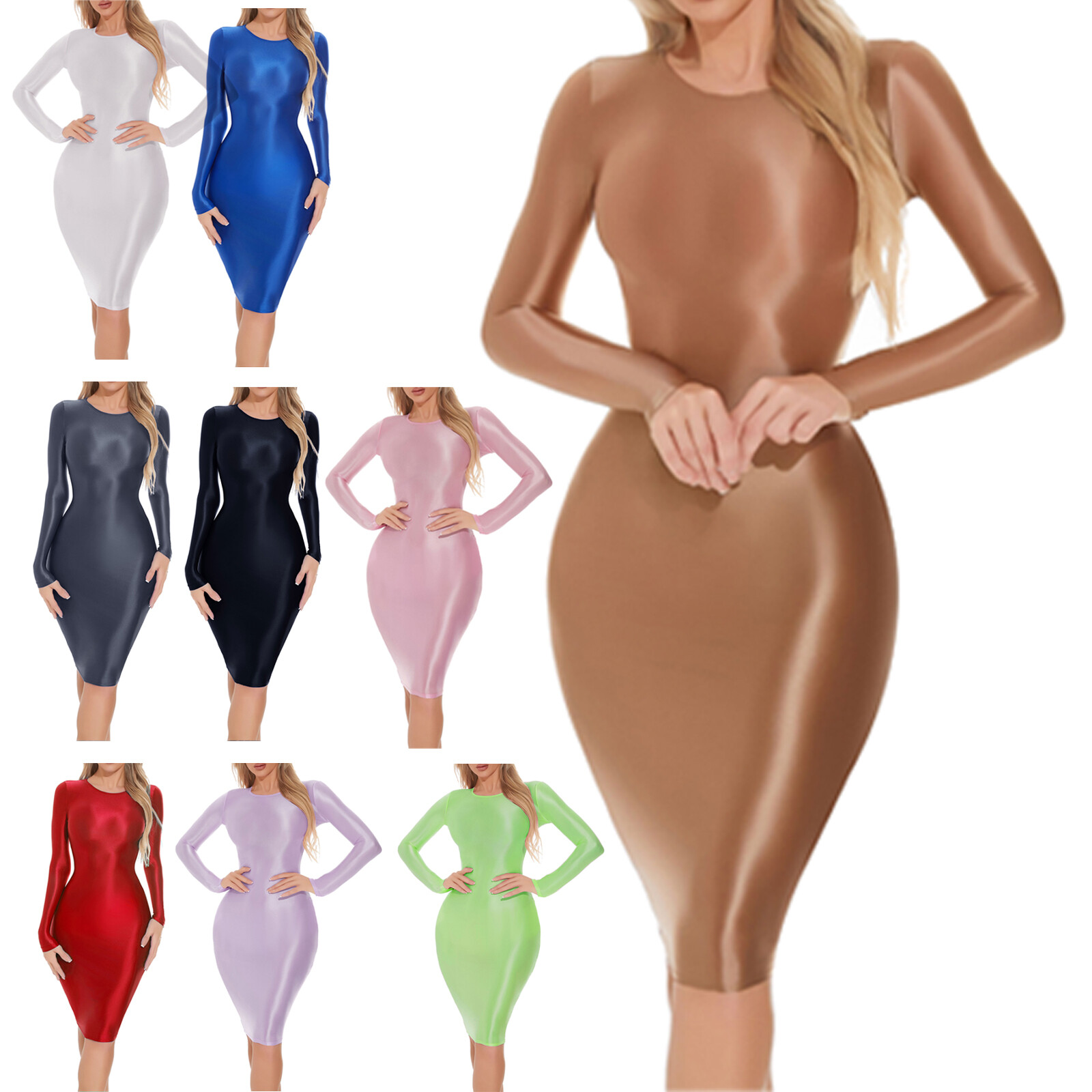 Women Glossy Bodycon Dress Long Sleeve Sexy Casual Elastic Hip Wrap Clubwear