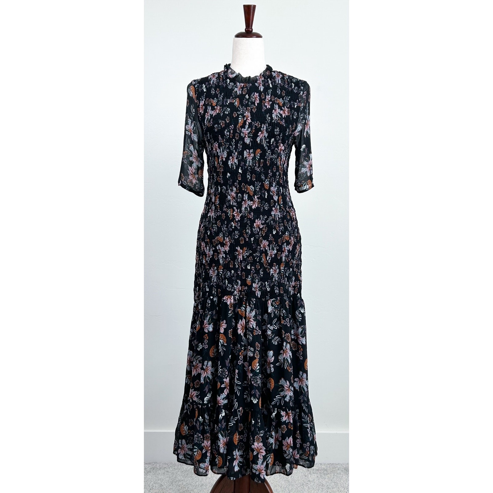 Veronica Beard Gabi Black Floral Chiffon Drop Waist Smocked Midi Dress SIZE 6