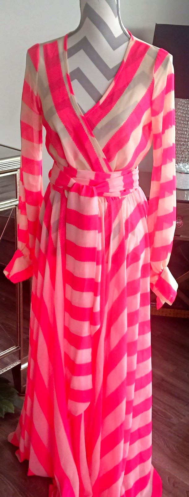 Pink White Striped Wrap Maxi Dress V-Neck Long Bell Sleeve Tie Waist M