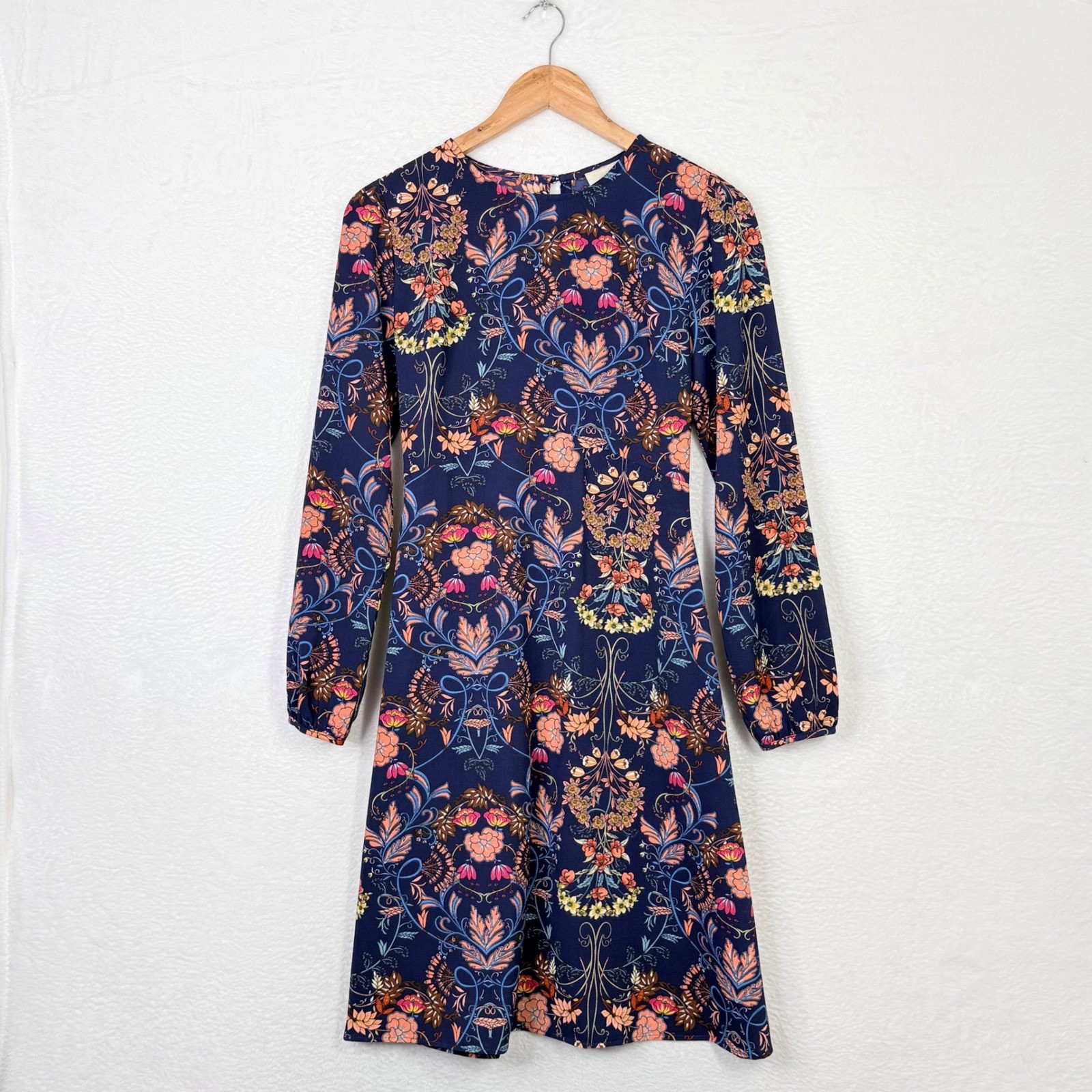 I. Madeline Navy Blue Floral Long Sleeve Dress XS Boho Cottagecore