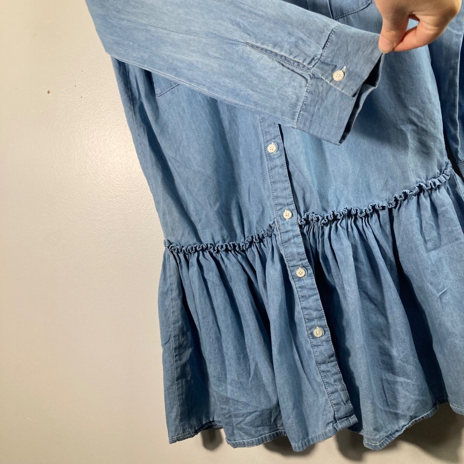 Womens Belle Tweed Chambray Denim Dress Peplum Long Sleeve M Blue Cotton Button