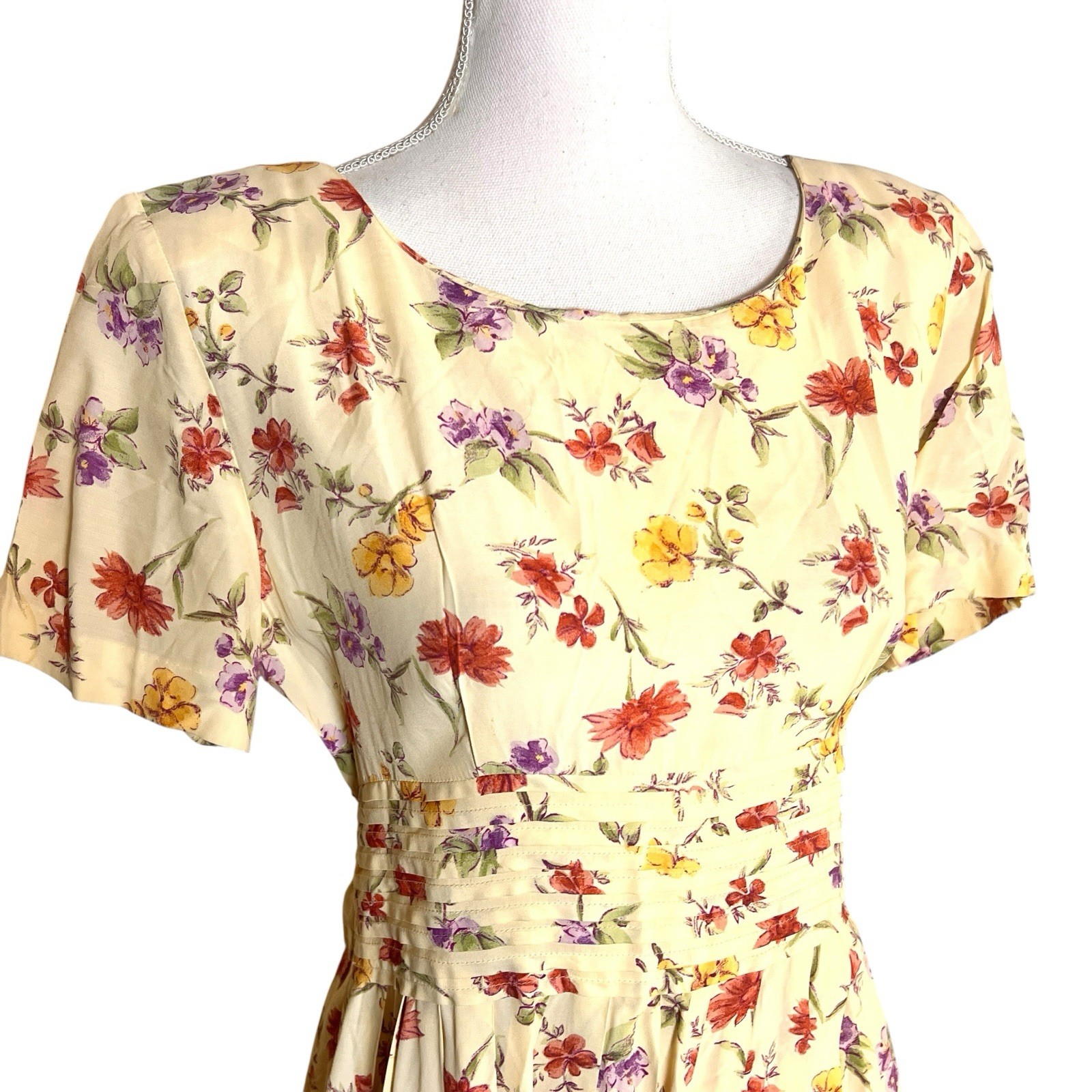 Vtg Karin Stevens 90s Yellow Floral Midi Dress Spring Fit Flare Cottagecore L