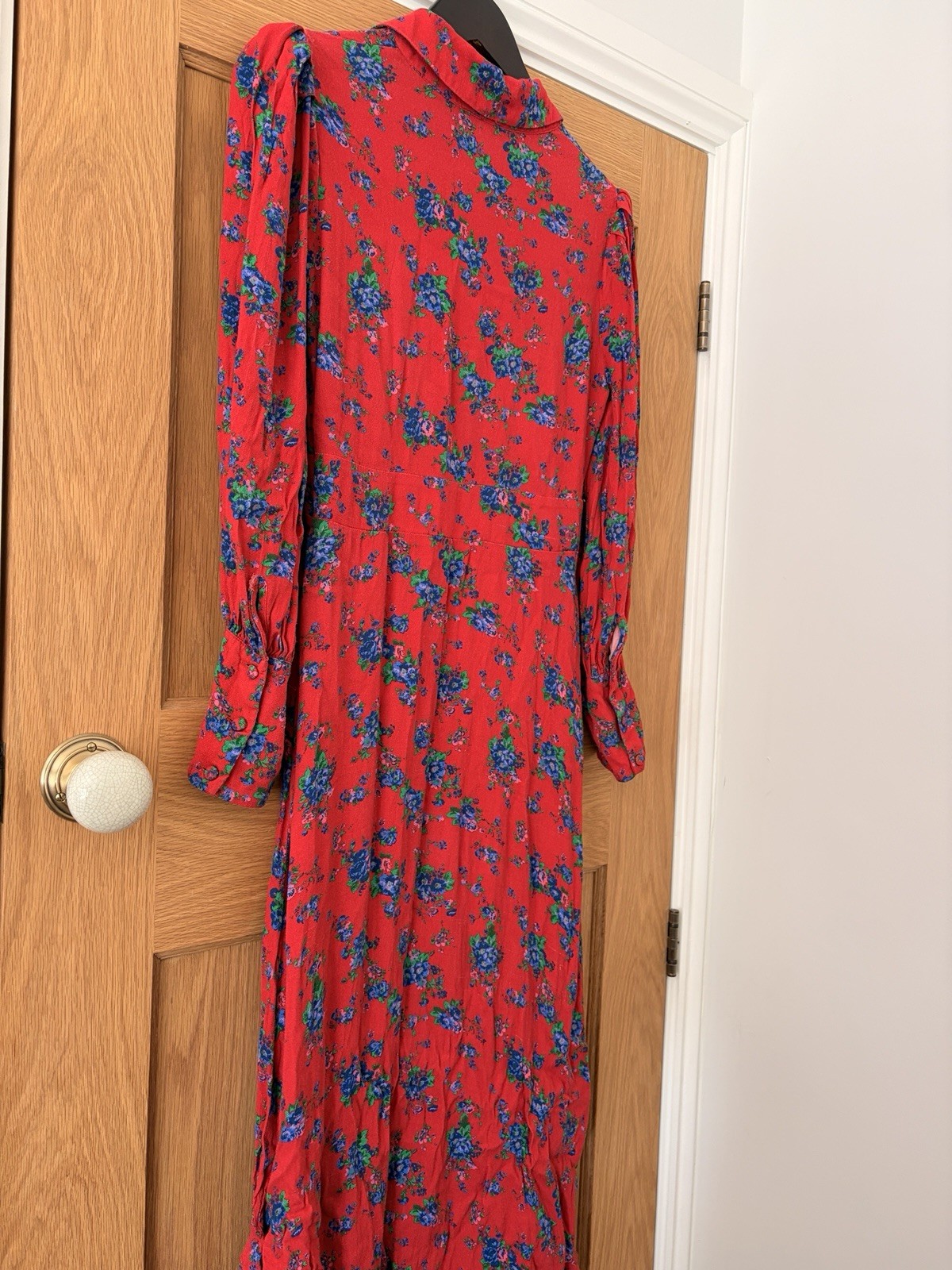 Ghost London Size S Red & Blue Ditsy Floral Collar V-Neck Midi Dress