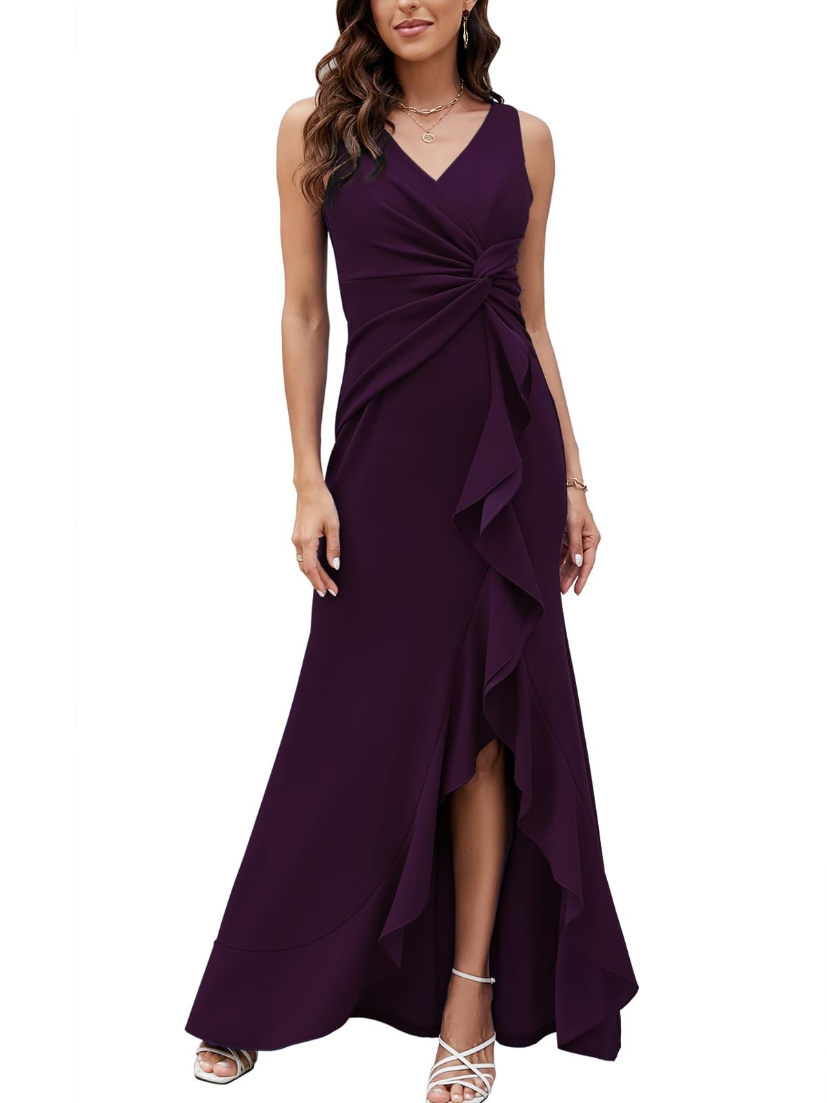 FQA Gown F10797 Large Purple V Neck Sleeveless Split Elegant Evening Dress