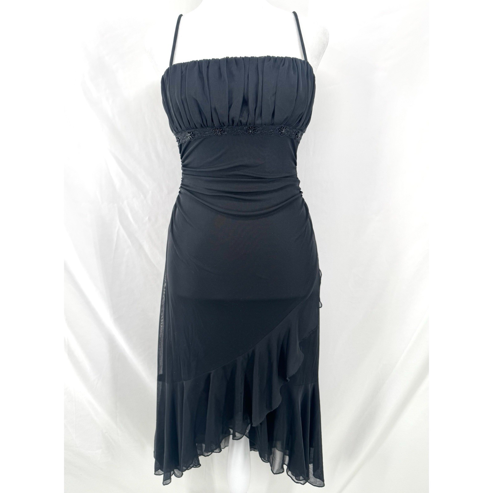 Vtg Y2K Black Asymmetrical Ruffle Midi Dress M Whimsigoth Ruched Sheer Overlay