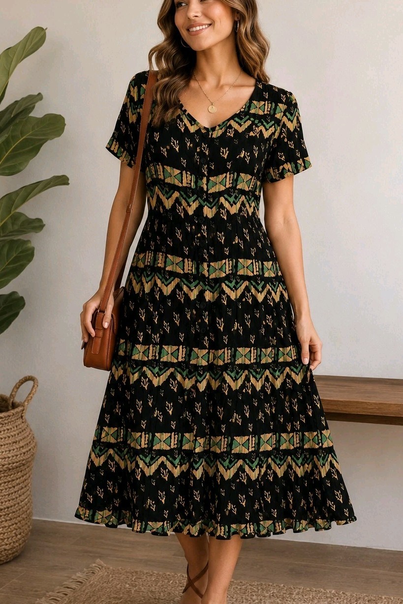 Liberty Fashions Dress Womens Small Black Tribal Aztec Button Front Boho Vintage