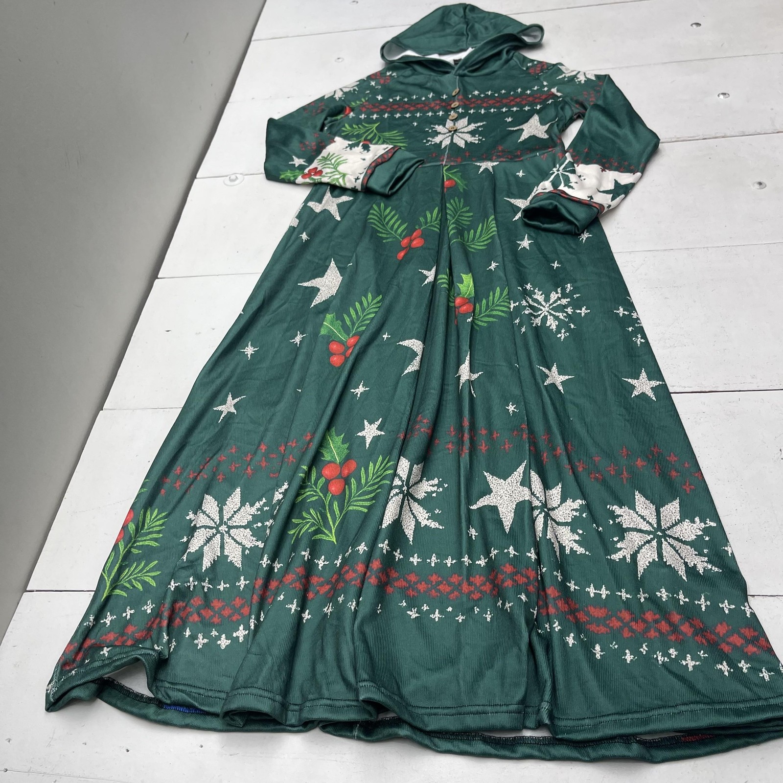 Christmas Hooded Dress Womens XL Green Holiday Snowflake Star Print Maxi
