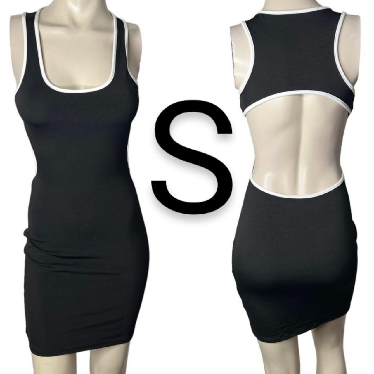 🆕Black & White Trim Cut Out Open Back Stretch Fashion Bodycon Mini Dress~Size S