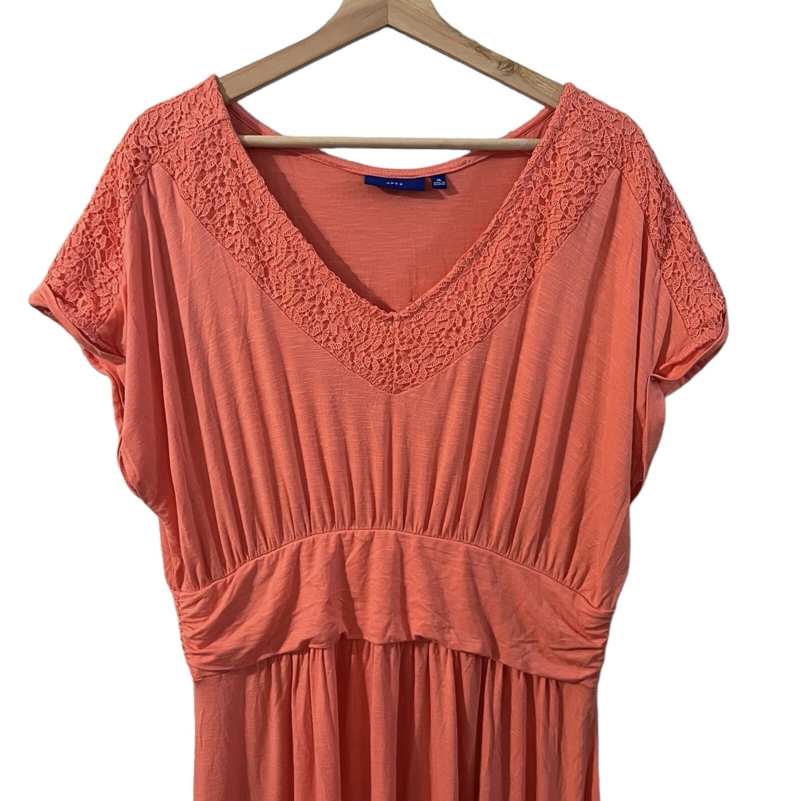 APT. 9 Knit Maxi Dress Size XL Bright Coral Salmon Pink Lace Empire Waist