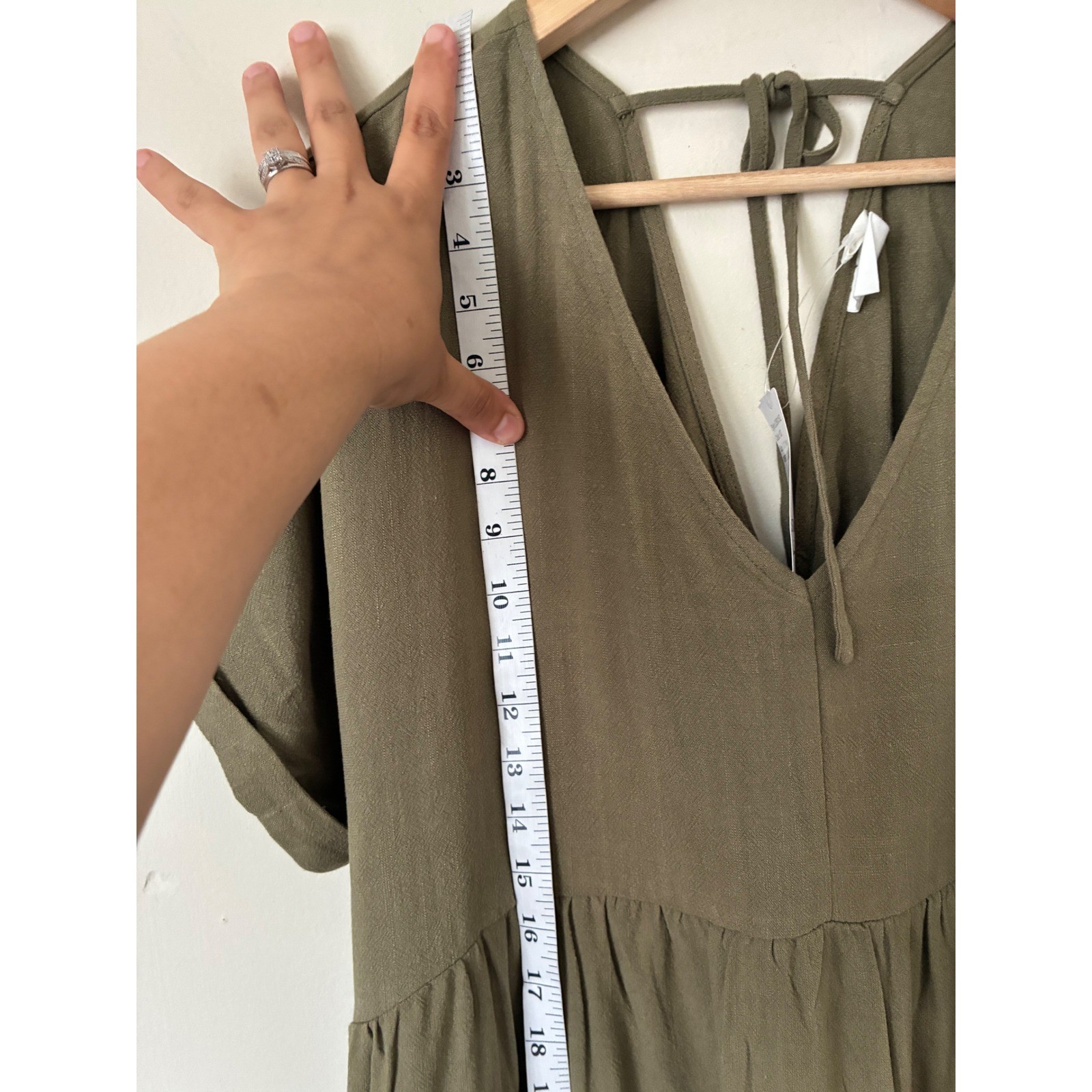 Suzanne Betro Simple Olive Green Linen Blend V-Neck Empire Waist Midi Dress 3X