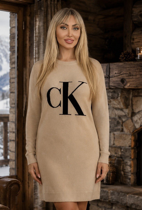 Calvin Klein Beige CK Logo Knit Sweater Dress Crew Neck Long Sleeve Stretch S