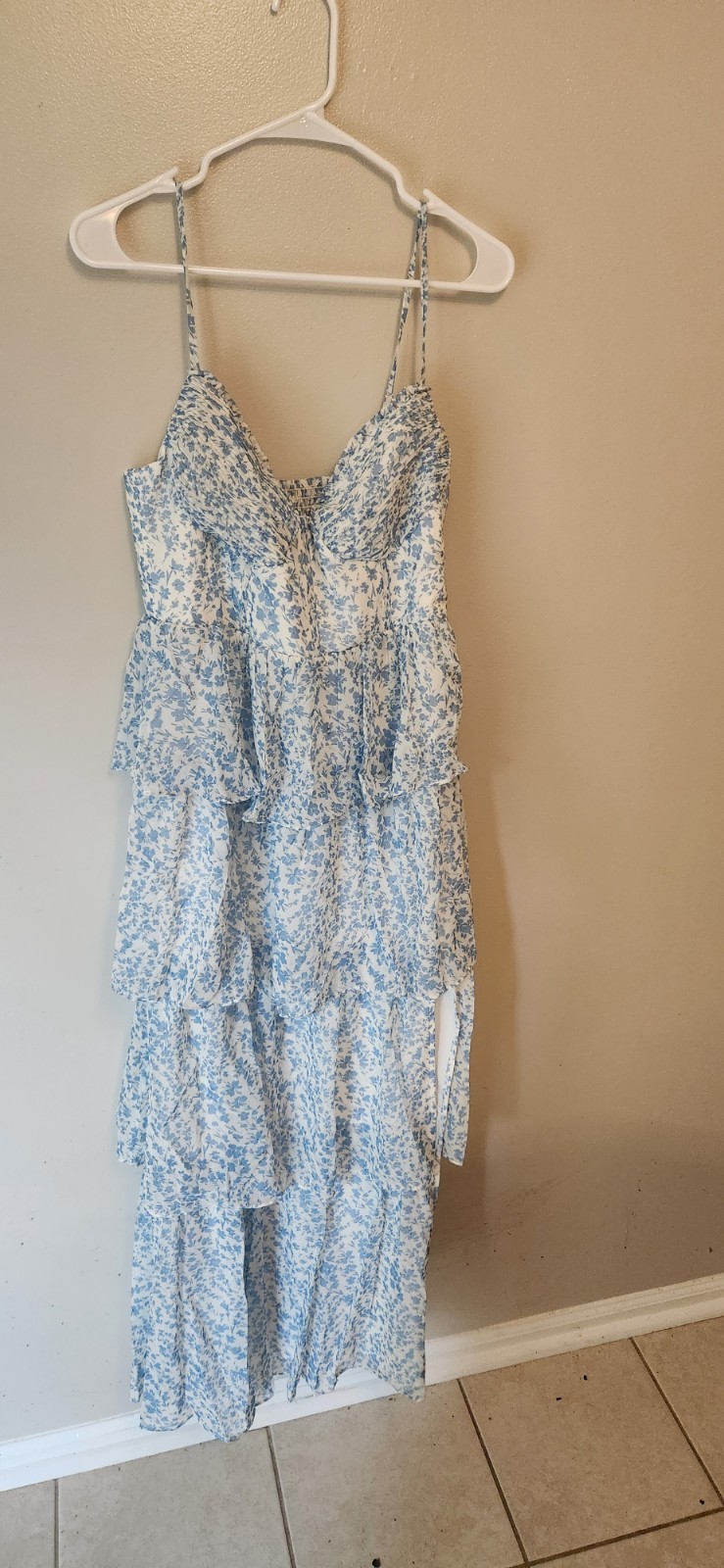 Chiffon Bridesmaid Dress Blue Floral Pattern