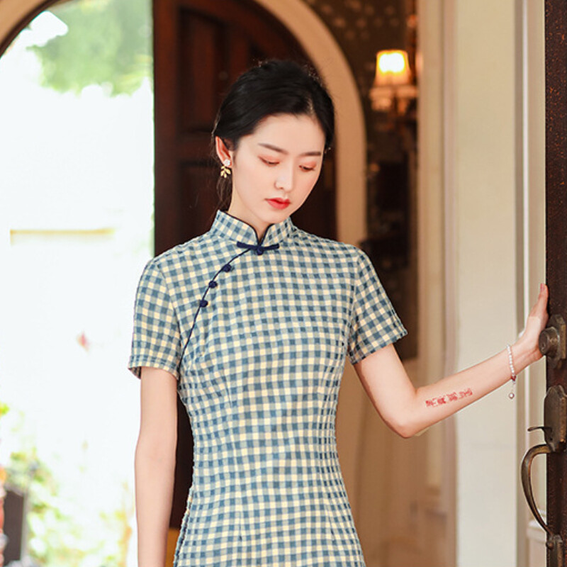 Chinese Traditional Cheongsam Check Midi Qipao Dress Oriental Gown Sweet
