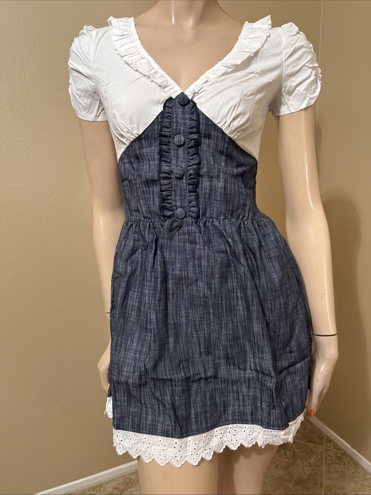 Women’s White Blue Cotton Casual Stretch Elastic Waist V-Neck Size L Dress