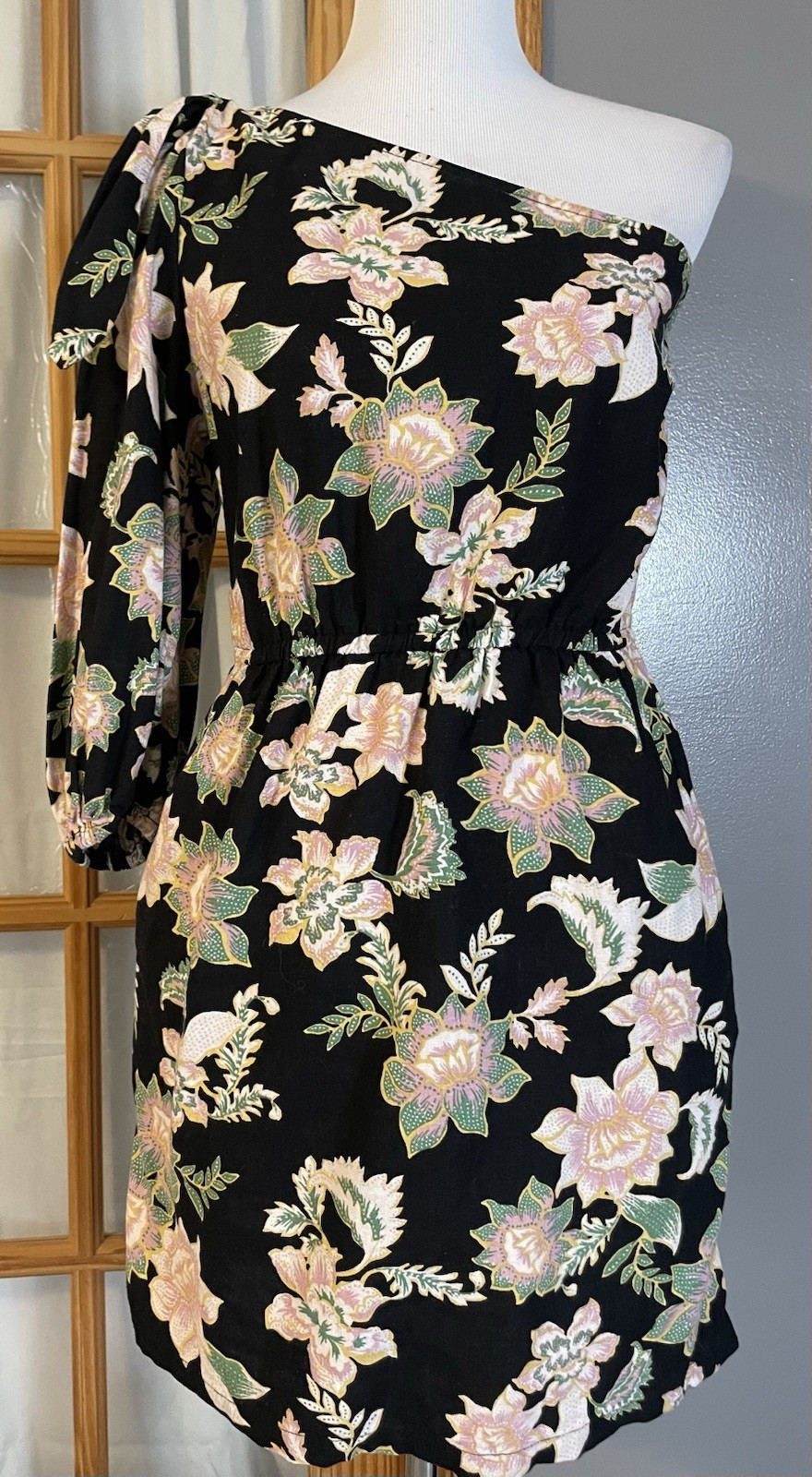 Who What Wear Floral Dress Sz S One Shoulder Linen Blend Black Pink Cottagecore