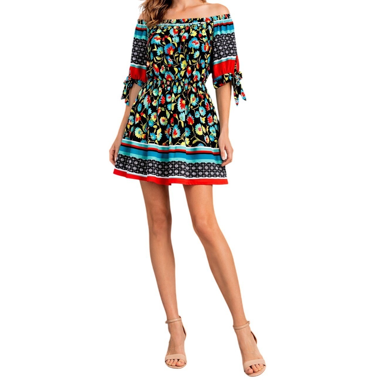 En Focus Studio Floral Midi Dress Womens 8 Multicolor Smocked Waist Tie Sleeve