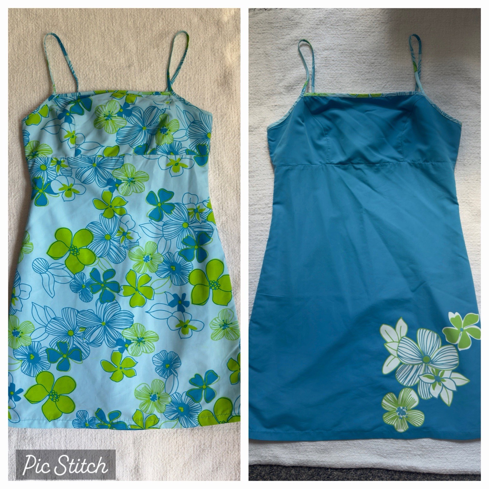 Y2K Women’s Blue Green Hawaiian Floral Spaghetti Strap Mini Dress Reversible Med