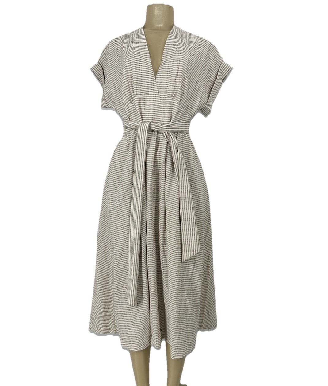 Antonio Melani 4 Women Striped Fit Flare Sundress Dress Midi Belted V-neck E15