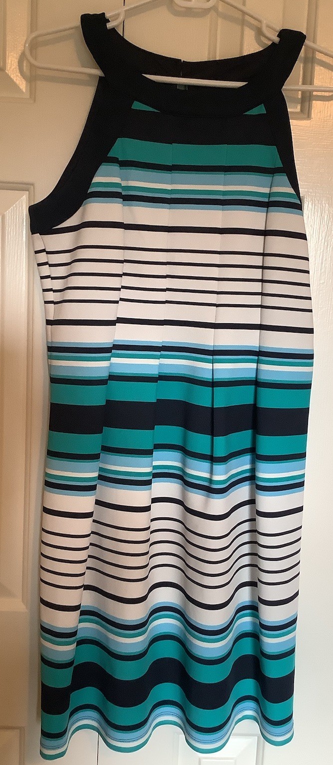 Enfocus Studio Ladies Navy, White, Teal Stripe Sleeveless Dress, Sz 10
