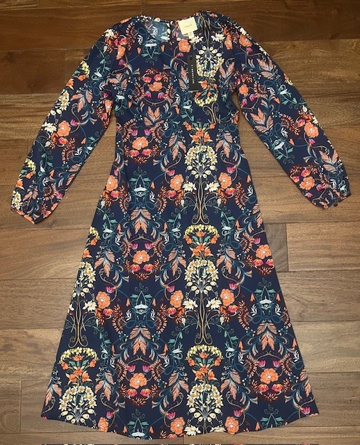 I. Madeline Blue Floral Print Garden Splendor Long Sleeve Dress Size XS NWT