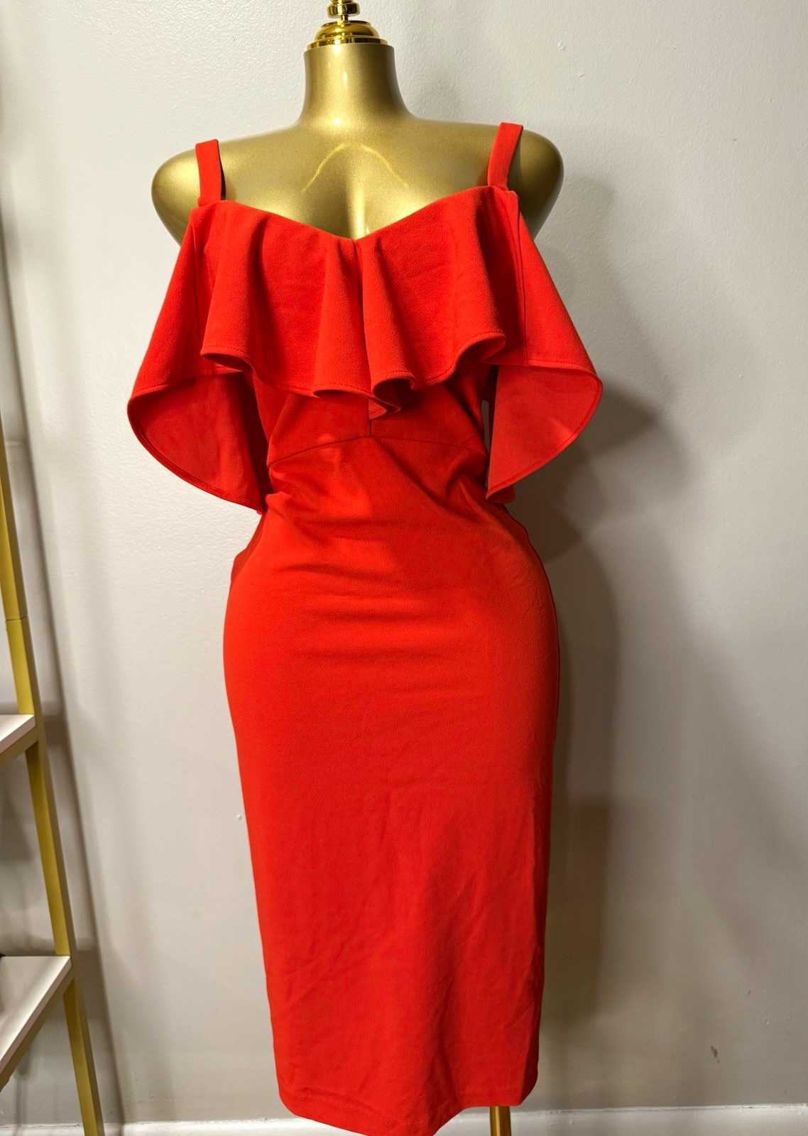 Rachel Roy Red Off-Shoulder Ruffle Midi Sheath Dress Solid Spaghetti Strap S