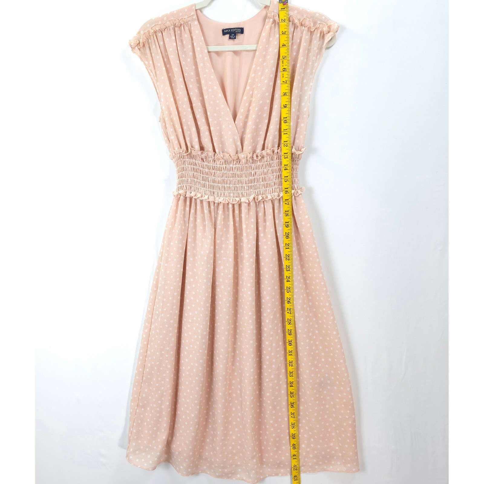 Max Edition Petite Polka Dot Dress Peach Smocked Waist Fit Flare S Feminine Chic