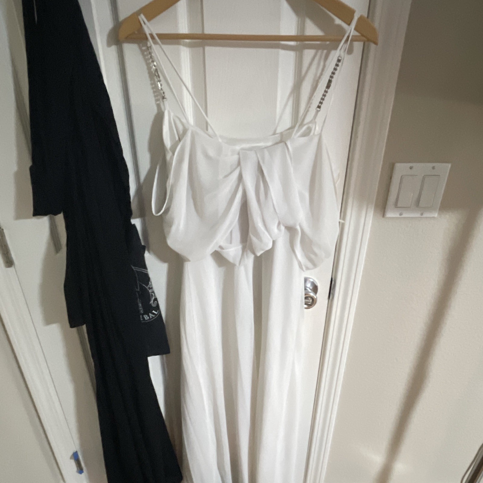 Women’s White Solid Off-Shoulder Flutter Sleeve Long Slip Dress Rhinestone S