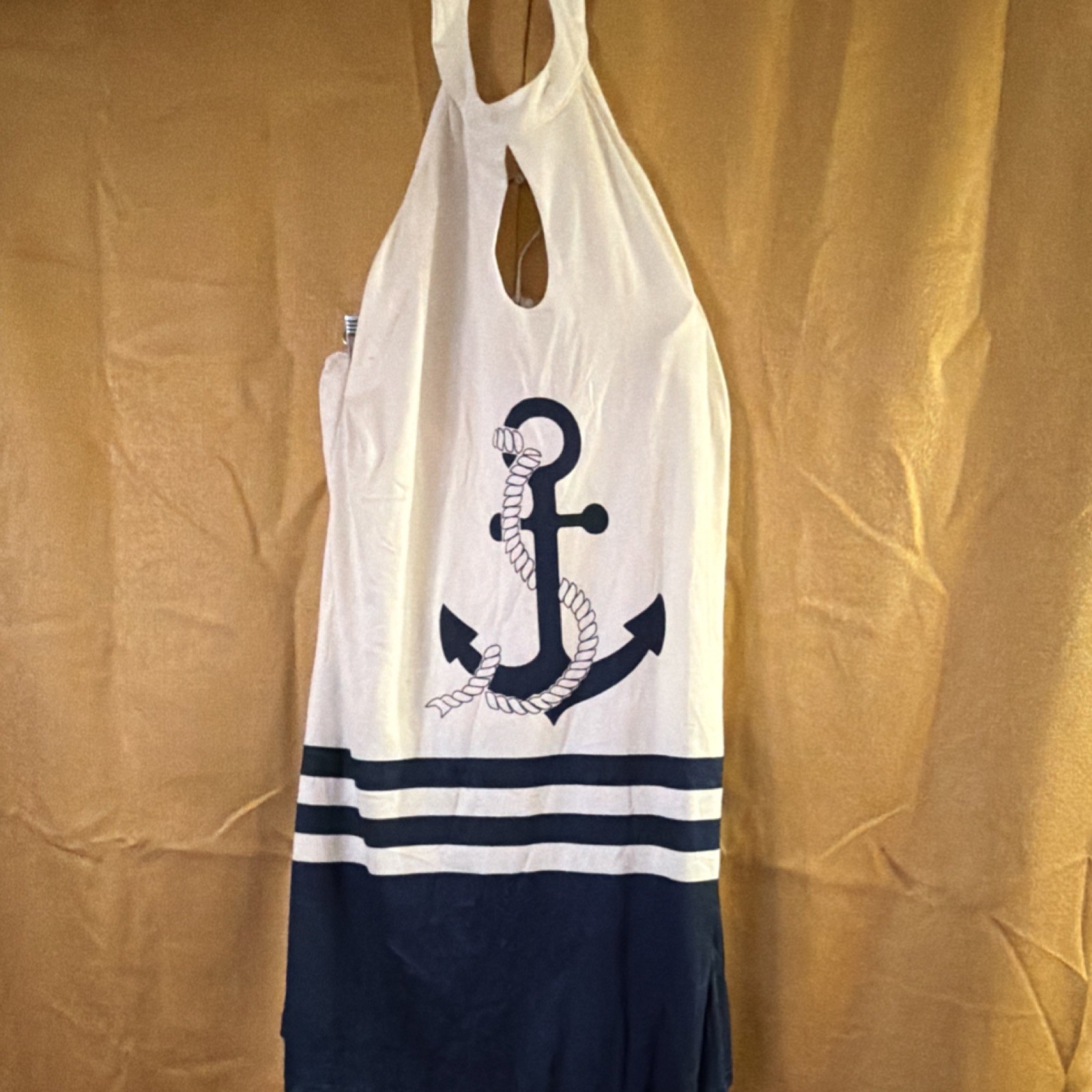 Nautical Anchor Striped Beach Dress Halter Sleeveless Pullover Short White Navy