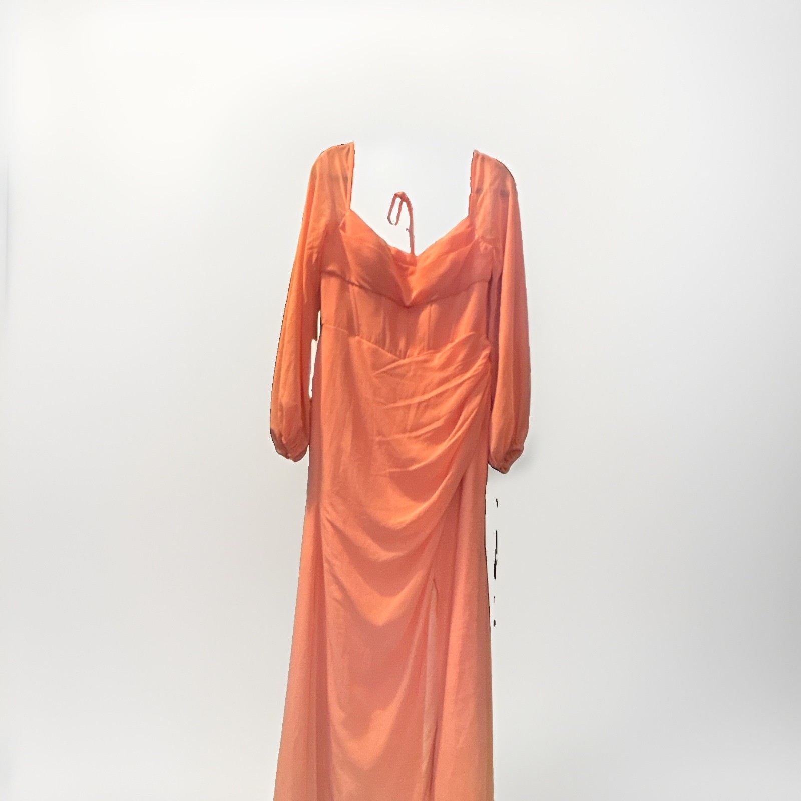 Women’s Orange Satin Maxi Dress S Square Neck Puff Long Sleeve Ruched Slit