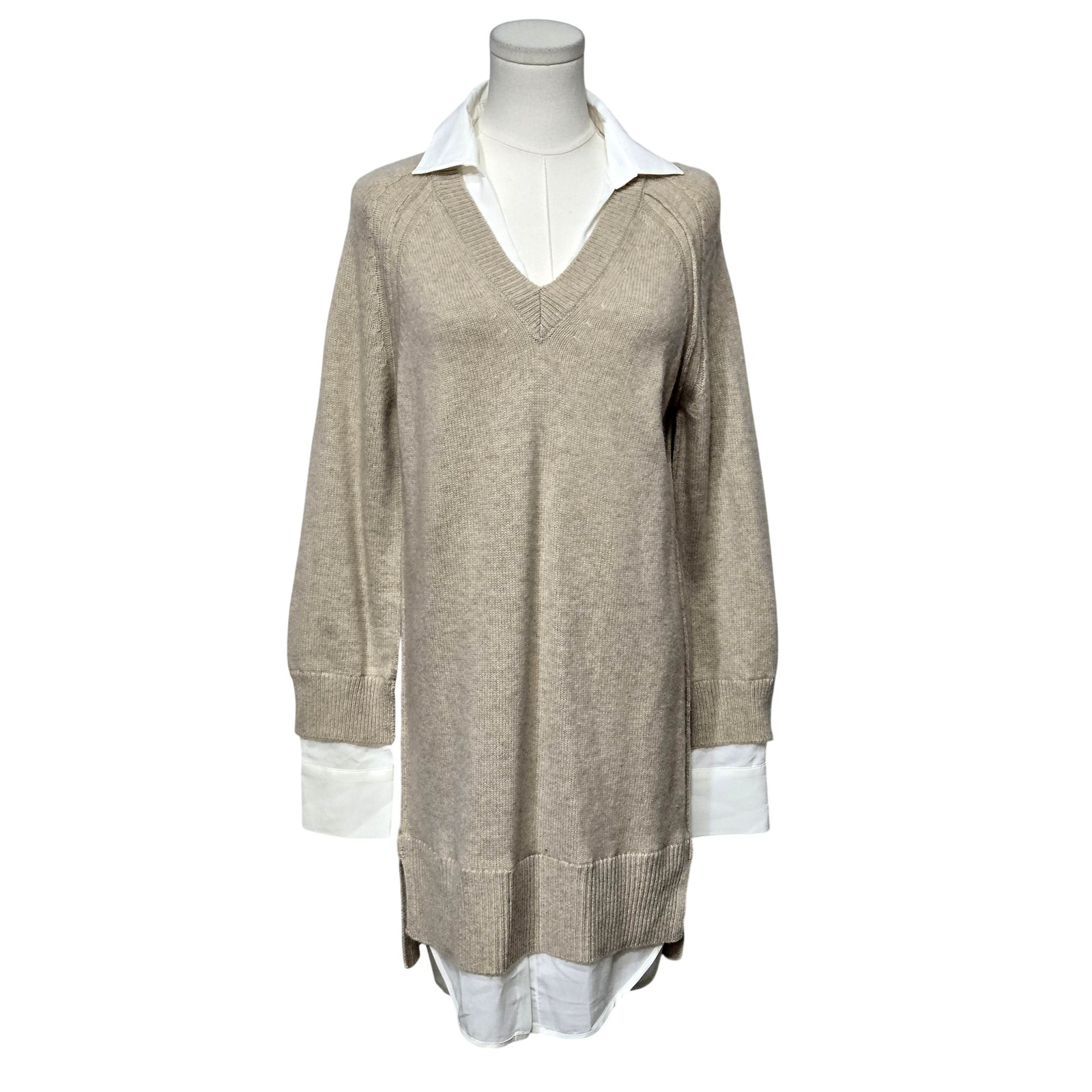 Brochu Walker Sweater Dress Womens Small Beige Wool Cashmere Layered V Neck