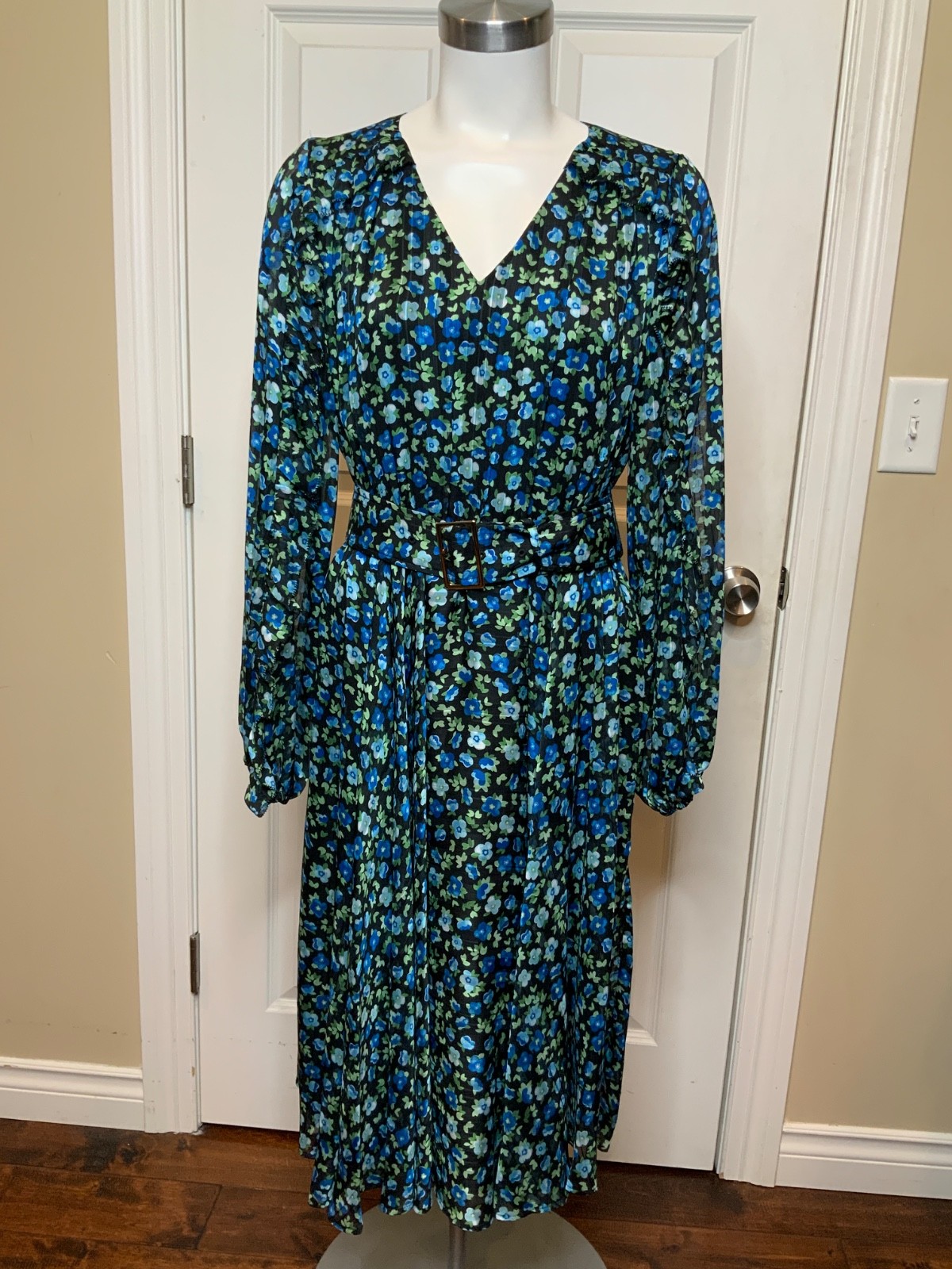 Elie Tahari Blue Black Floral Forget Me Not Belted Crepe Dress, Size 8, NWT $495