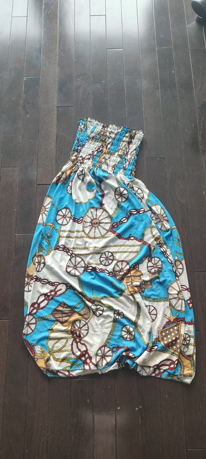 Women’s Strapless Western Print Smocked Midi Sundress Blue/White/Brown One
