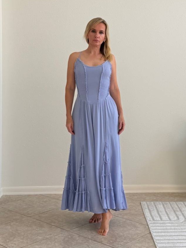 Free People Blue Open Back Smocked Maxi Dress Size M Boho Raw Edge Pockets
