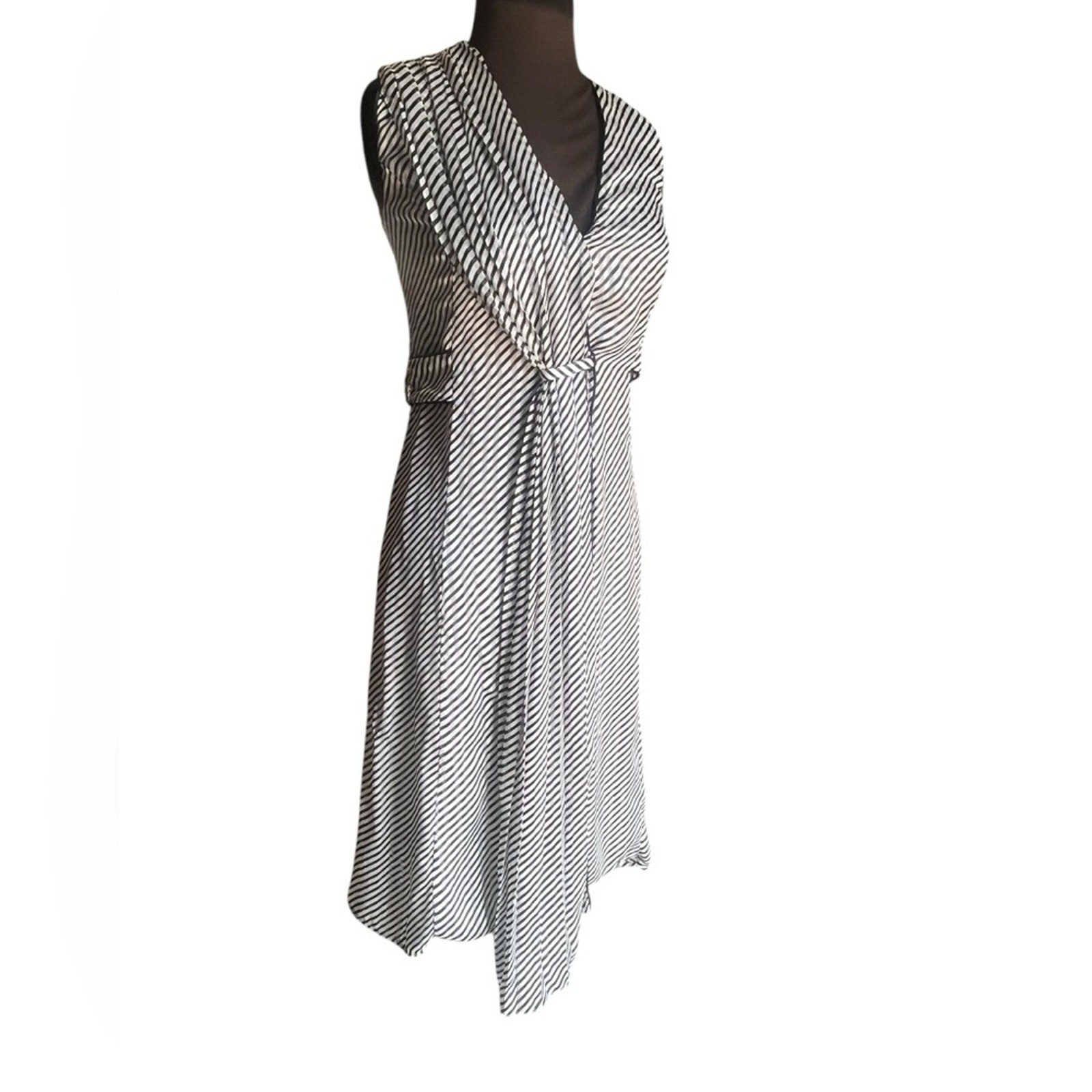 Deborah Lyons Ashley Midi Dress 2 Black Striped Crepe Luxury Old Money Ladylike