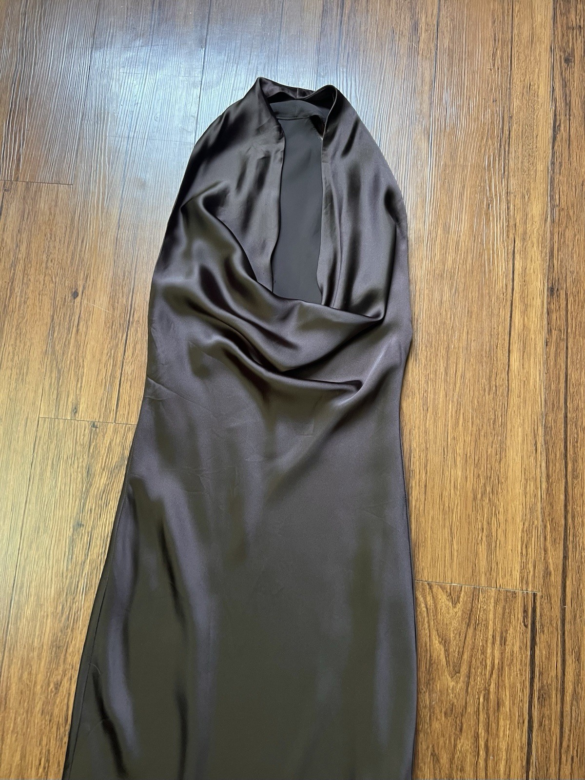Norma Kamali Halter Drape Bias Gown Size XS Brown Satin Fishtail Hem Bridal Gala