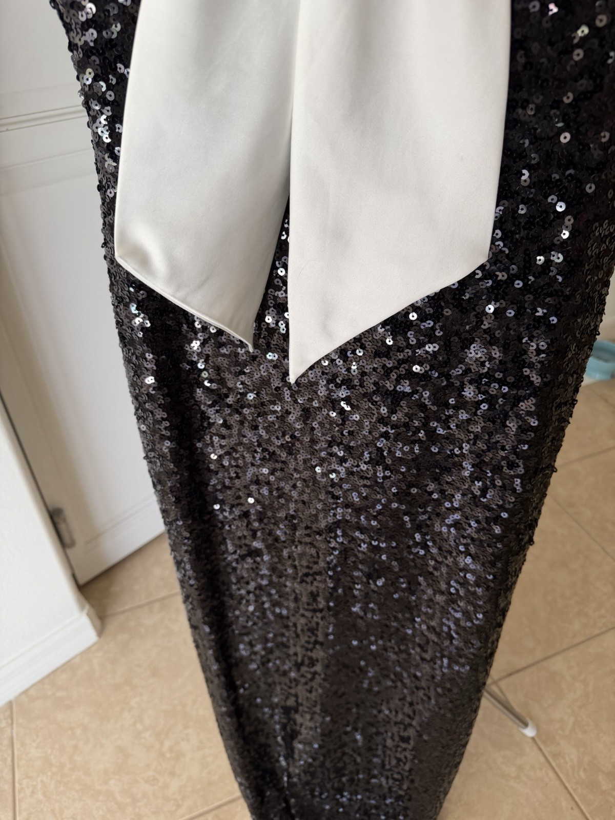Black Sequined Evening Gown With White Satin Bow. Juniors Size 11-12 Worn Once