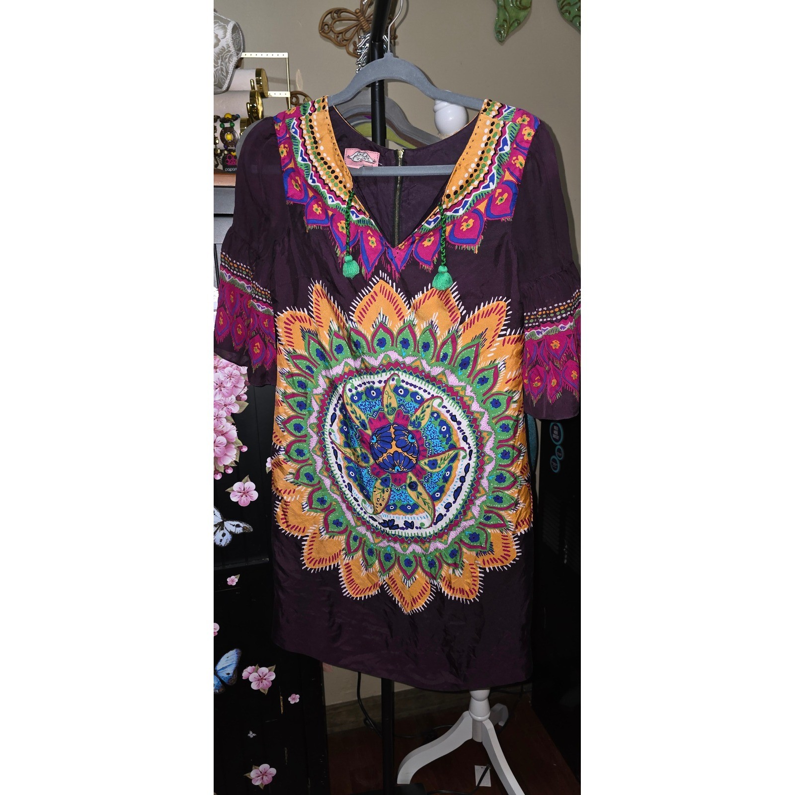 Phoebe Couture Silk Shift Dress Purple Mandala Peacock Print Tassel 2