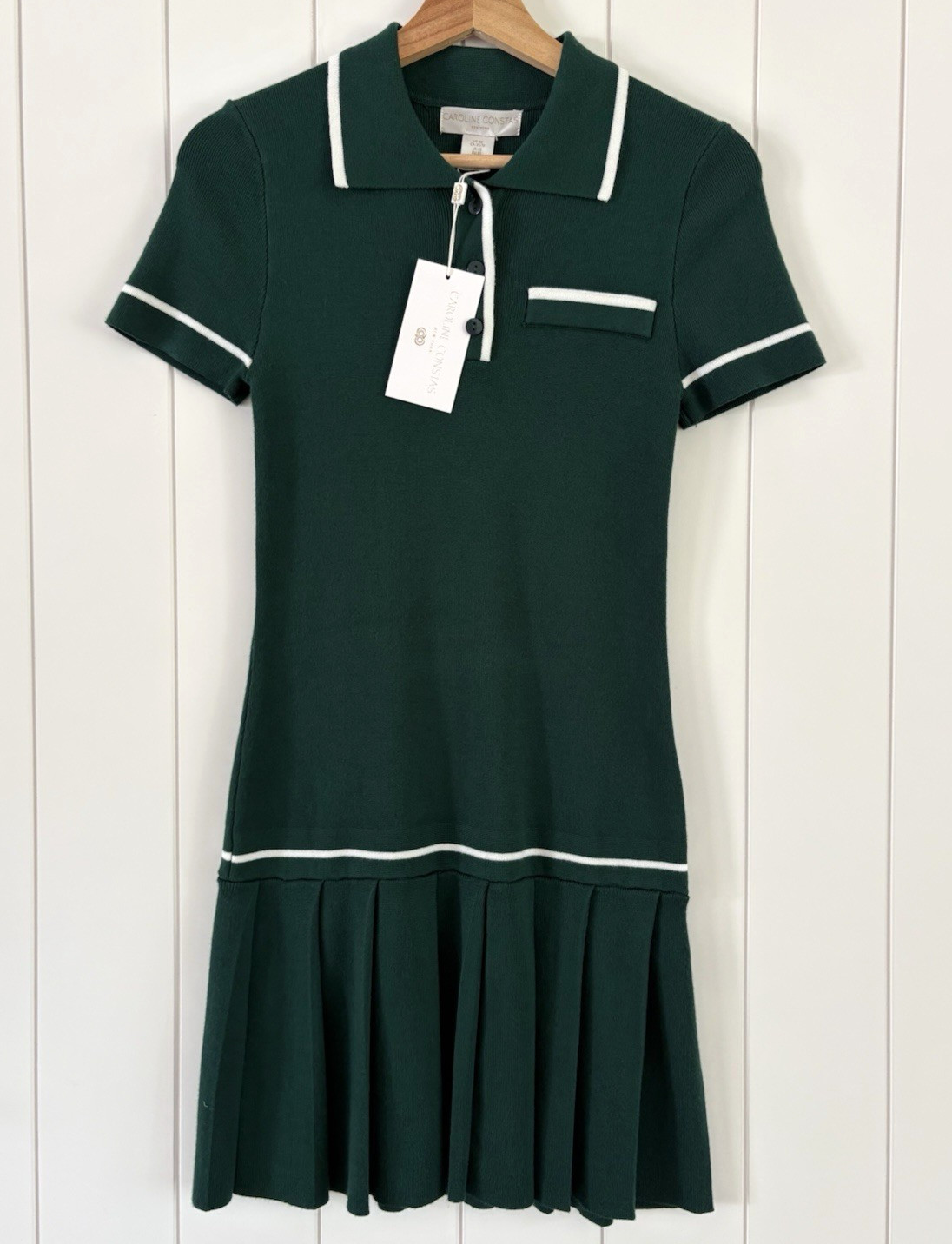 Caroline Constas Tennis Polo Dress Green White Knit Pleated Skirt Preppy NWT XS