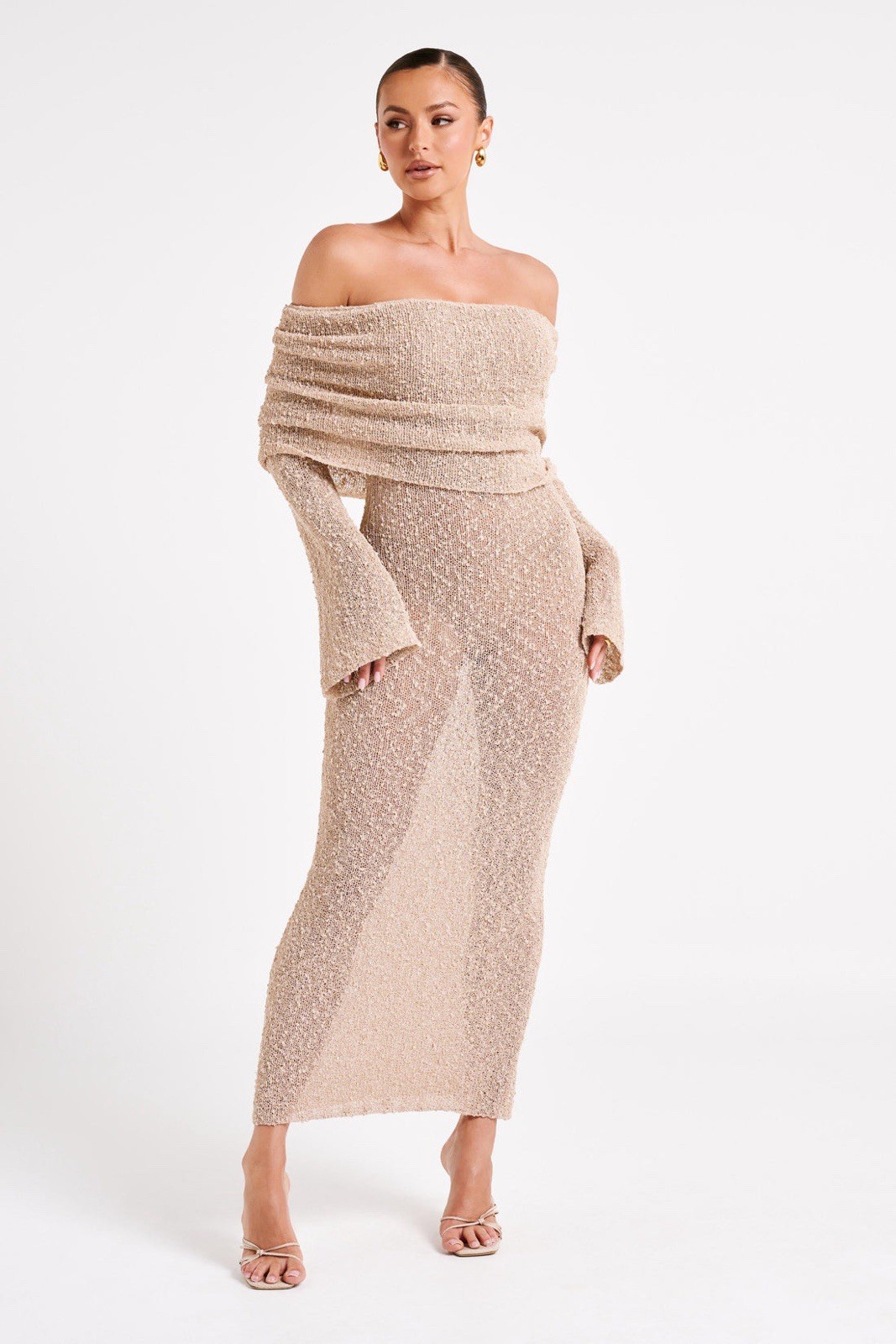 Meshki Marisol Off Shoulder Boucle Maxi Dress – Wheat Size XL