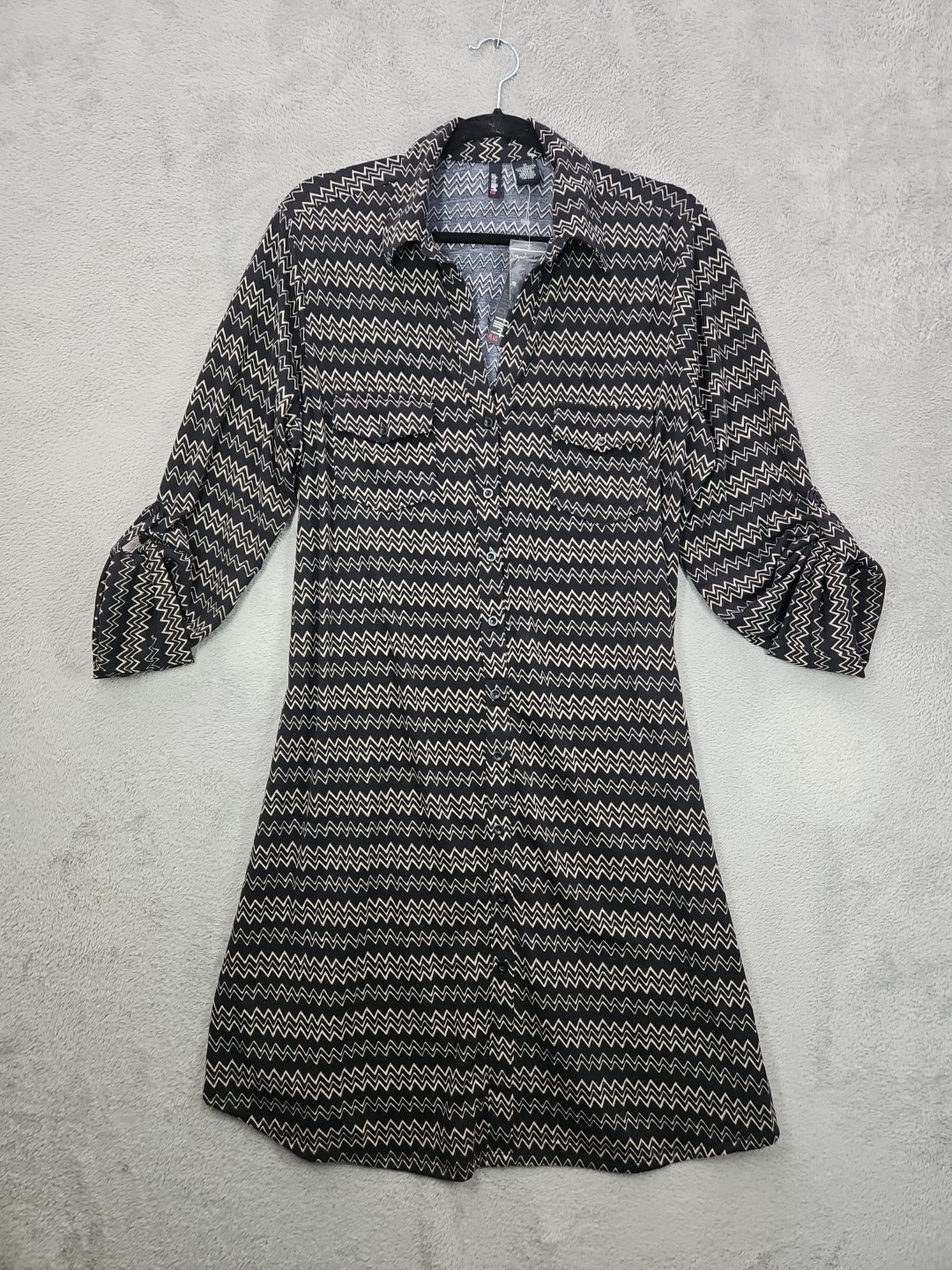 Ultra Flirt Plus Dress Long Roll Tab Slv Black w Beige Zigzag Design Sz 1X NWT
